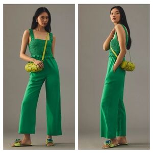 Anthropologie If By Sea Smocked Square-Neck Linen Blend Jumpsuit Green Large